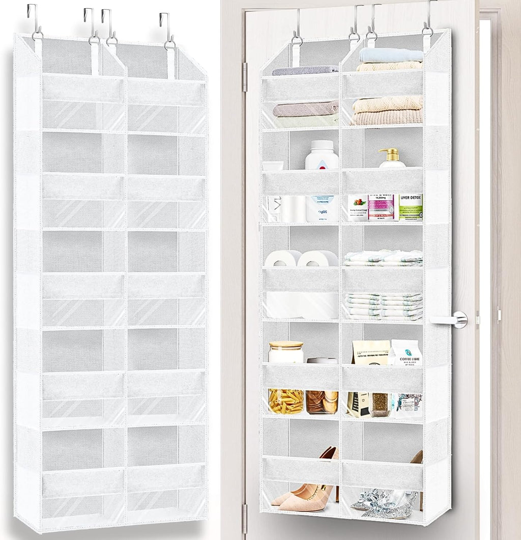 Over The Door Organizer 5 Tiers, Extra Large Behind Door Storage of 10 Compartments, 80 lbs Weight Capacity Hanging Storage Organizer with Clear Window Kids Toys, Shoes,Diapers, Room Storage, White