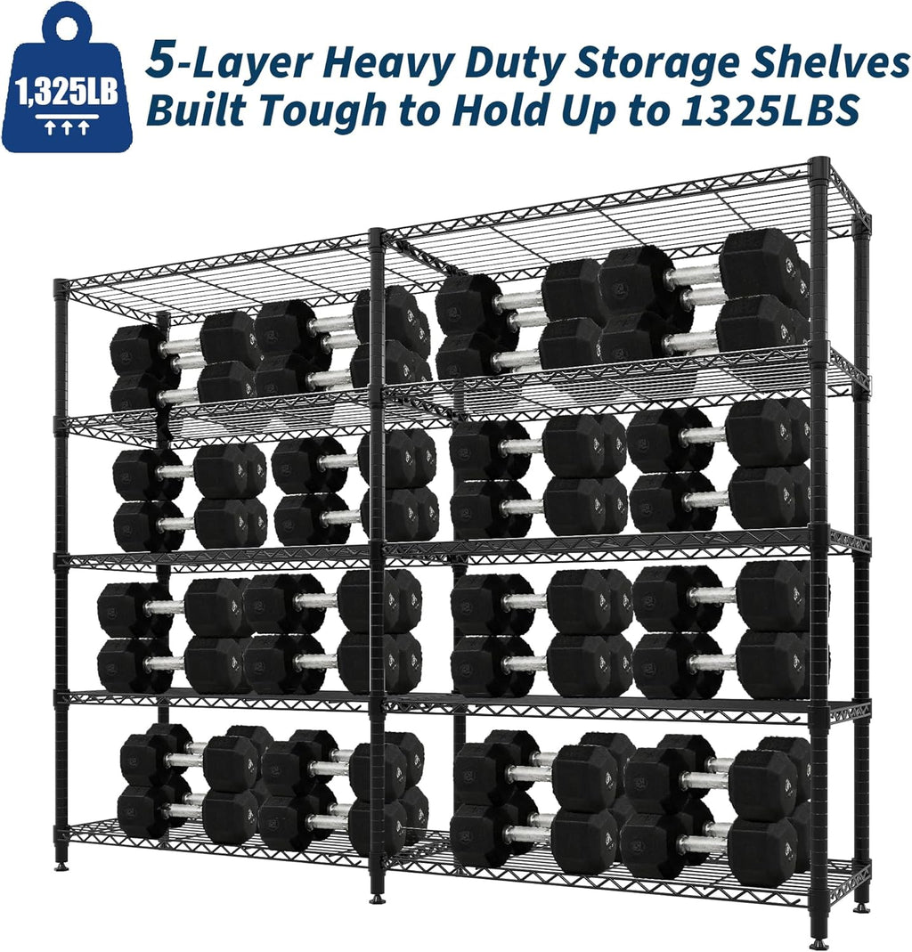 5-Tier Storage Shelving Unit Metal Shelves 59" W Wire Shelving, 70" H L-Shaped Pantry Shelves Kitchen Storage Shelves for Home Commercial Garage Heavy Duty, 70.5" H x 59" W x 13.8" D