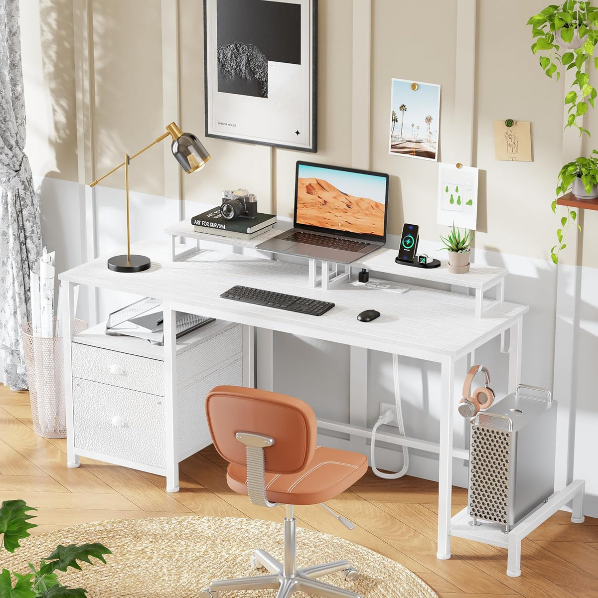 Furologee 47" Computer Desk with File Cabinet and Power Outlets, Home Office Desk with 2 Monitor Stands and Storage Drawer, Writing Gaming Table with Shelves and 2 Hooks for Bedroom, White