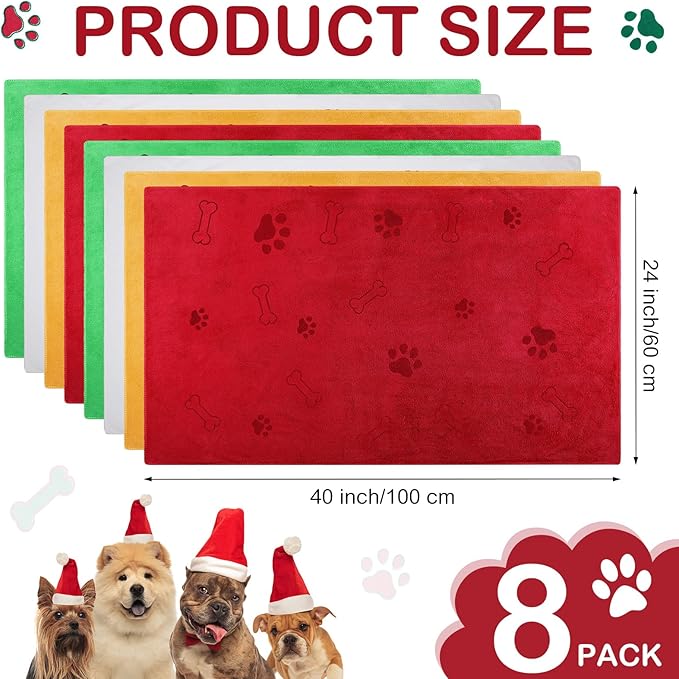 Chumia 8 Pcs Dog Towels for Drying Dogs Cats Pet Towels Bulk Puppy Microfiber Fast Drying Paw Bath Bathing Supplies Absorbent for Medium Pets (Christmas Color,40 x 24 Inch)