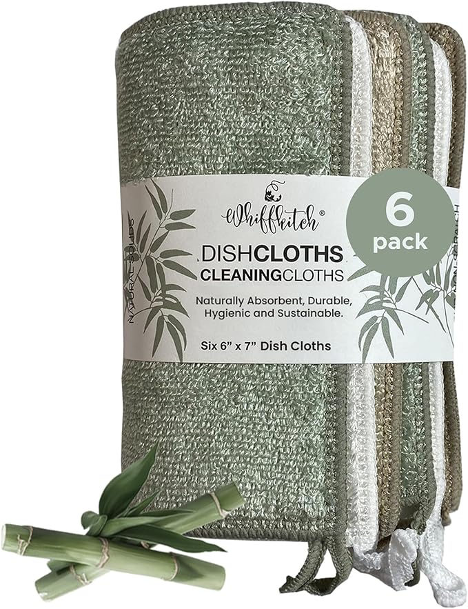 Whiffkitch Dishcloths Dishrags for Kitchen and Household Cleaning 6x7 6-Pack Non-Scratch 2-Ply Weave, Rayon Derived from Bamboo, Absorbent, Washable, Long-Lasting