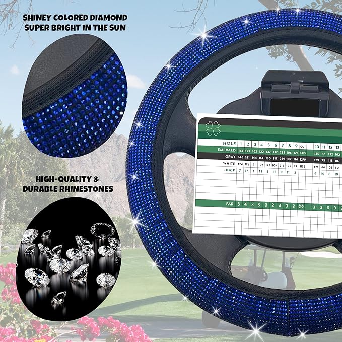 Universal Colorful Bling Crystal Diamond Rhinestones Golf Cart Steering Wheel Cover fits Club Car, Yahama, EZGO, Anti Slip Cover Easy to Install, Great Gifts for Golfer Women Womens (Blue Diamond)