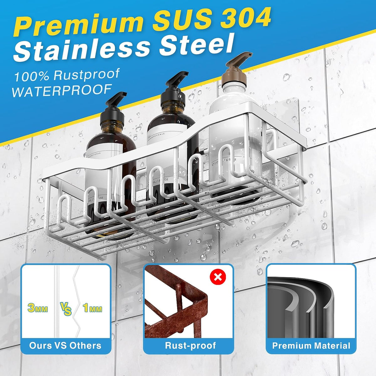 EUDELE 5-Pack Rustproof Stainless Steel Shower Caddy Set– No Drill Adhesive Bathroom Organizer, Space-Saving Shower Shelves for Apartment Essentials, Bathroom/Kitchen Storage Home Decor-L Size