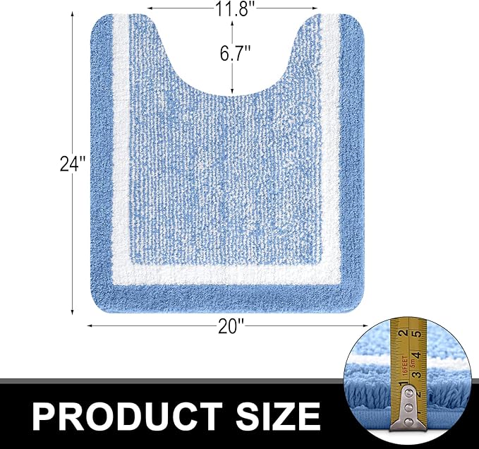 OLANLY Toilet Rugs U-Shaped 24x20, Extra Soft and Absorbent Microfiber Bathroom Rugs, Non-Slip, Machine Wash Dry, Plush Shaggy Contour Bath Mats for Toilet Base (Blue and White)