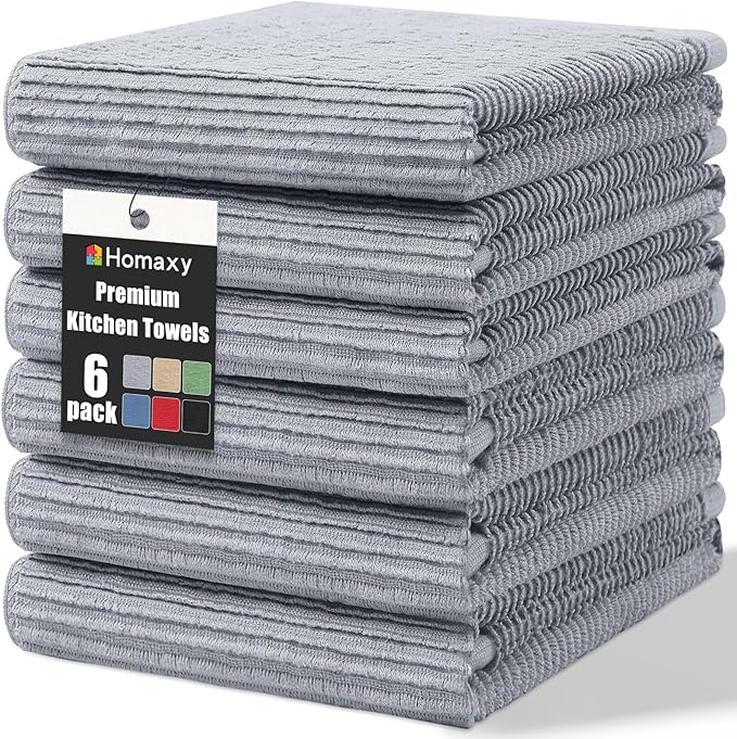 Homaxy Premium Kitchen Towels (18"x 28", 6 Pack), Large 100% Cotton Kitchen Hand Towels, Ultra Absorbent Ribbed Terry Tea Towels Set with Hanging Loop, Grey