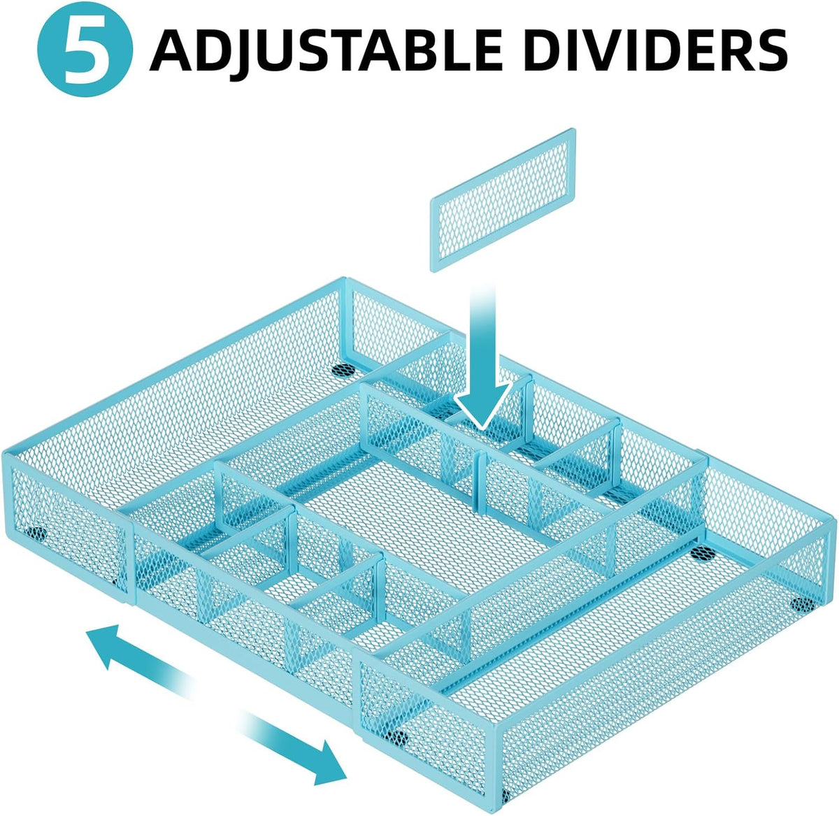Marbrasse Expandable Desk Drawer Organizer, Mesh Drawer Organizer Tray with 10 Adjustable Compartments, Desk Organizers and Accessories for Office Supplies, Makeup & Vanity (Expandable-Blue)