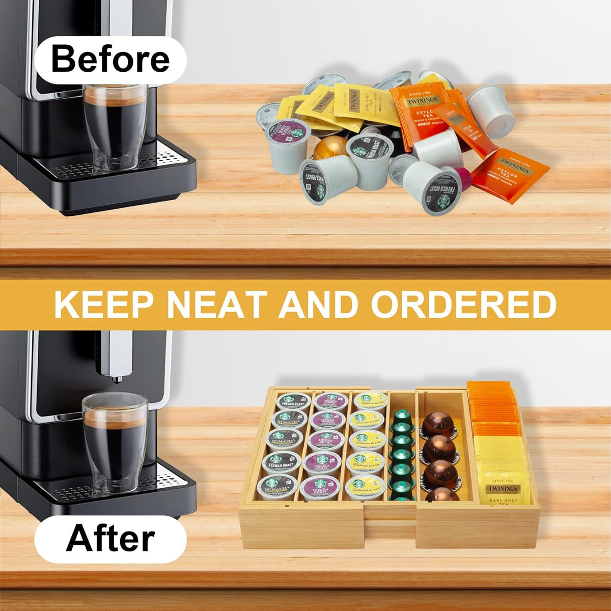MinBoo Bamboo K Cup Holder for Drawer or Countertop Coffee Pod Holder Expandable K Cup Pod Storage Tea bag organizer K Cup Storage for Coffee Station Home Office and Kitchen