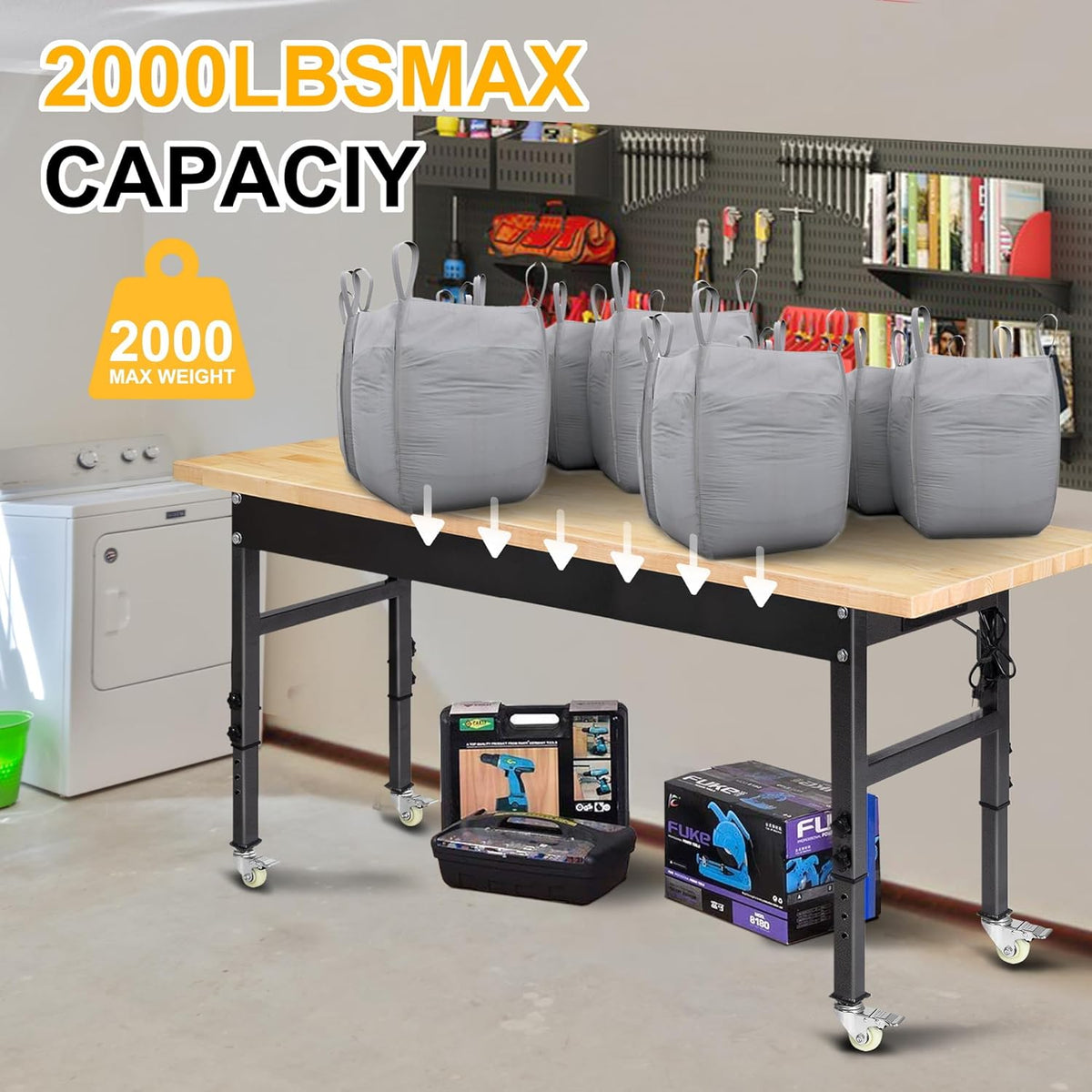 70'' Adjustable Workbench, Rubber Wood Top Work Bench Heavy-Duty Work Table with Socket, Wheels and Fixed Legs 2000 LBS Load Capacity Hardwood Sewing Table for Garage, Workshop, Home, Office