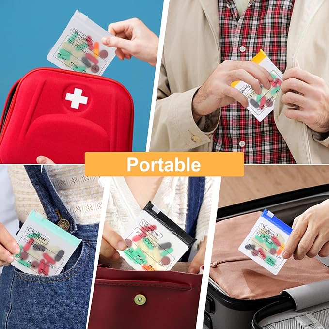 Serfeymi 48 Pcs Pill Pouch Bags for Travel Reusable Plastic Bags 3x3 Inch 12 mil (Double Sided) Translucent Zippered Pill Pouches for Medicine with Slide Lock & Writable Label, 1 Pc Marker-Black+White
