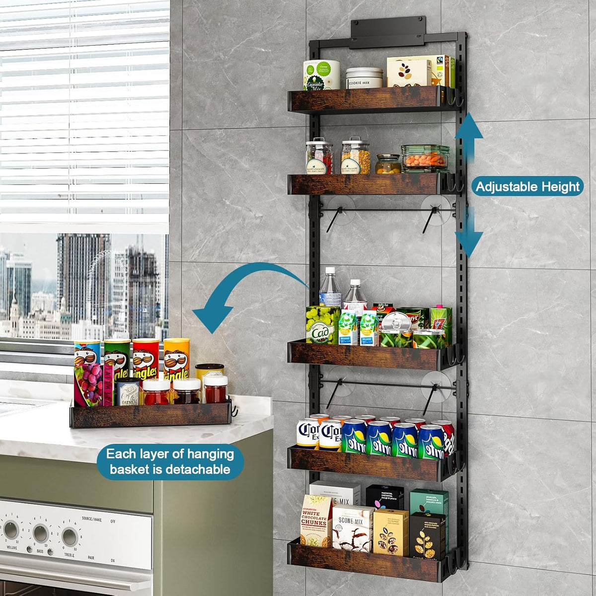 bukfen Over the Door Pantry Organizer, 6-Tier Adjustable Wooden Basket Kitchen Pantry Door Organization and Storage, Heavy-Duty Metal Hanging Kitchen Spice Rack,D6.3 x W17.71 x H50.60 inch,1 Pack