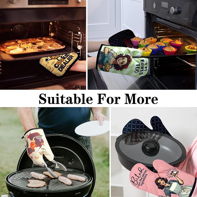 Funny Black Cat Oven Mitts and Pot Holders Set of 3, The Secret Ingredient is Cat Hair, Heat Resistant Non-Slip Kitchen Mitts Hot Pads, Sweet Housewarming Gifts for Hostess Baker Friend