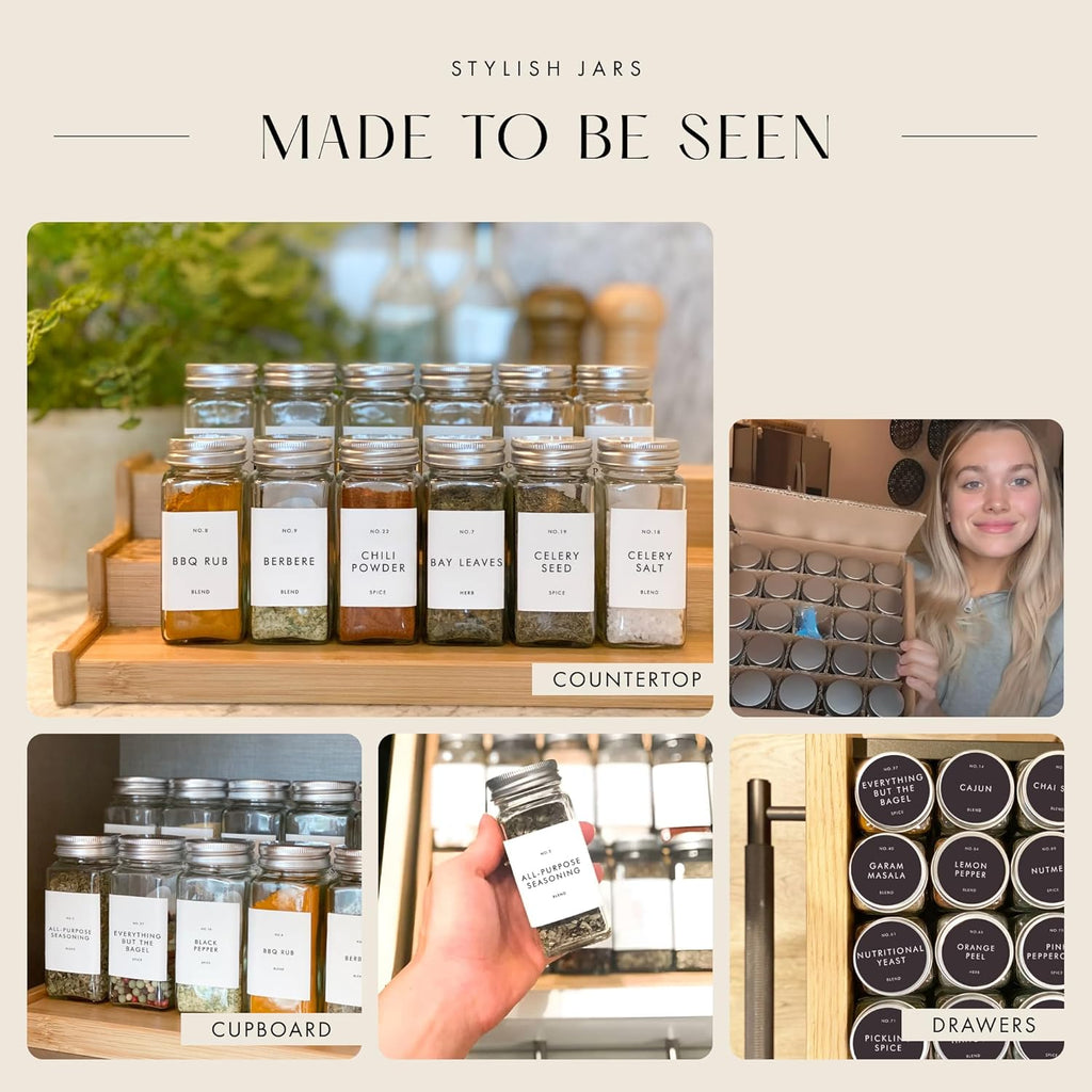Glass Spice Jars with Labels with Metal Lids and Shakers Minimalist 36 Pack Set, 4oz Small Clear Empty Spice Bottles Seasoning Containers with Label Organizer Square Herb Seasoning Jars for Kitchen