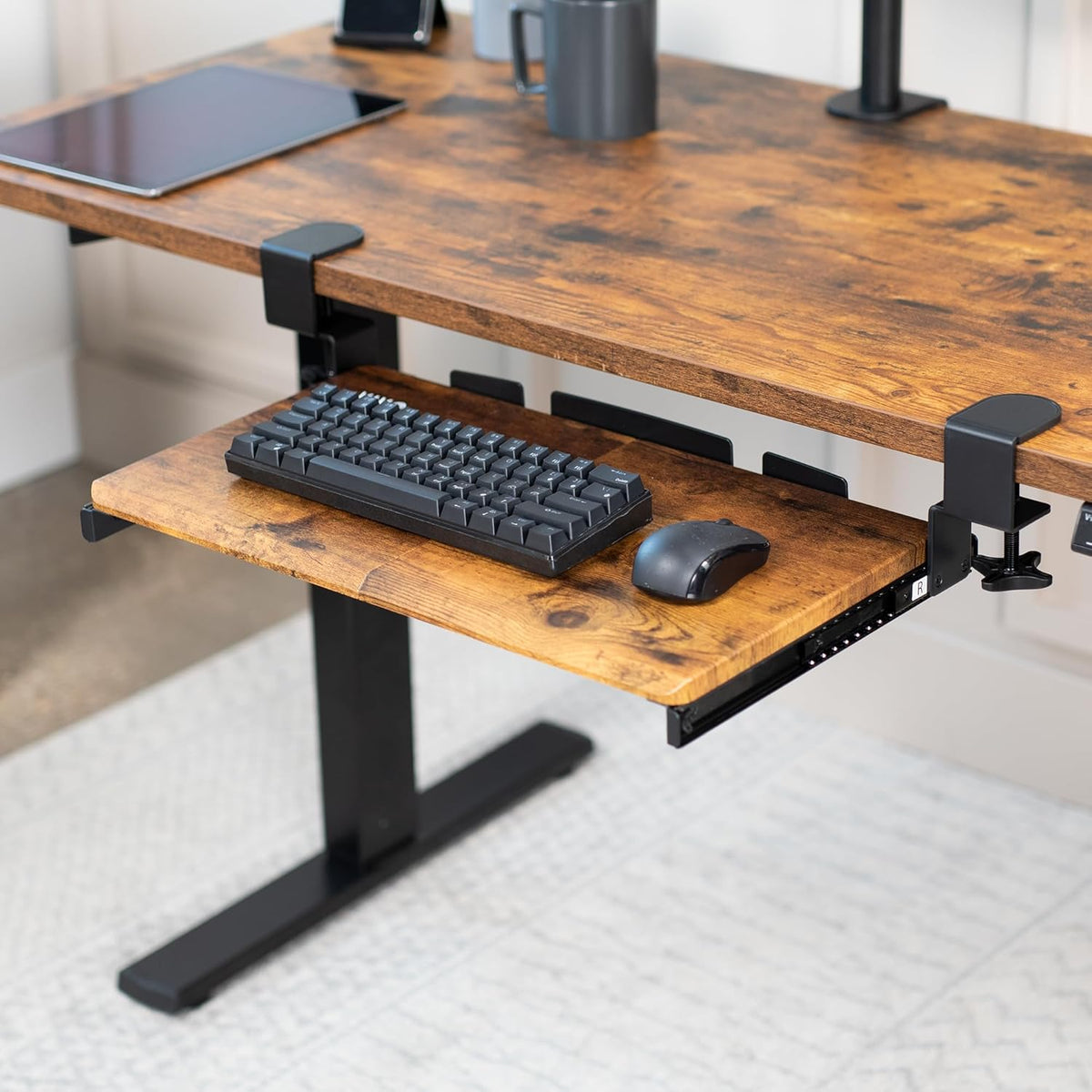VIVO Small Keyboard Tray, Under Desk Pull Out with Extra Sturdy C Clamp Mount System, 20 (26 with Clamps) x 11 inch Slide-Out Platform Drawer, Rustic Vintage Brown Top, Black Frame, MOUNT-KB05ES-N