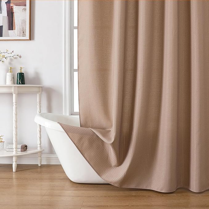 meioro Beige Shower Curtain, Waffle Weave 256GSM Heavy Duty Textured Fabric Shower Curtains for Bathroom Hotel Spa, Luxury Weighted Polyester Cloth Bath Curtain Set with 12 Hooks, 72Wx78H