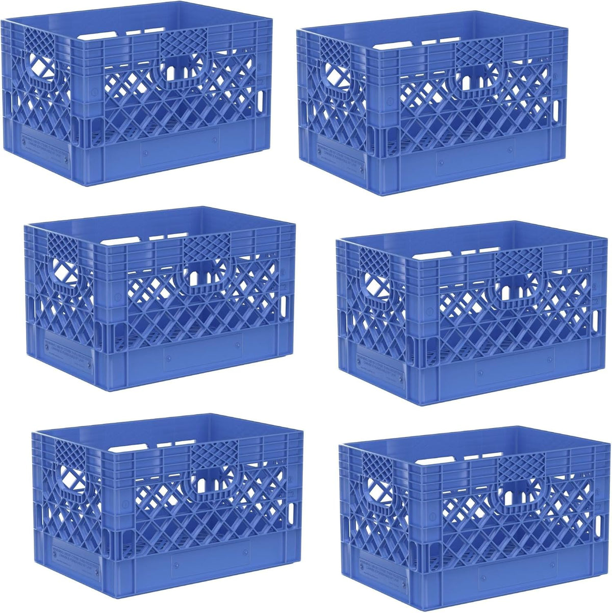 Heavy Duty Plastic Storage Milk Crates, Stackable Utility Organizer Bins, 19x11x13 Inches, 6 Pack, Made in USA, 24 Qt/6 Gallon Capacity (Blue)