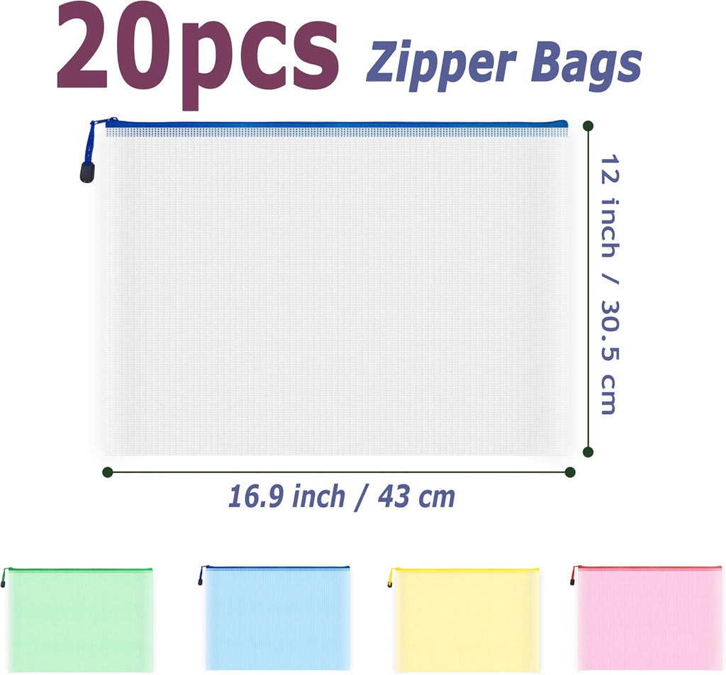 AUSTARK 20 Pcs Zipper File Bags, Plastic Mesh Pouch, Board Game Storage, Waterproof for Office School (A3 Size 16.9''x12'', Multicolored)