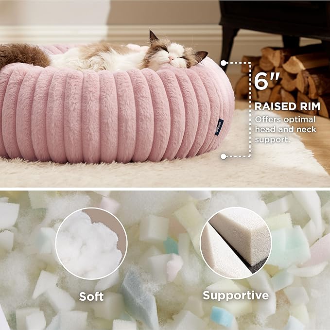 Bedsure Cat beds for Indoor Cats - Donut Dog Beds for Small Dogs with Corduroy Fleece & Anti Slip Bottom, Faux Fur Pet Beds with Washable Removable Cover, Blush Pink, 20x20x6 inches