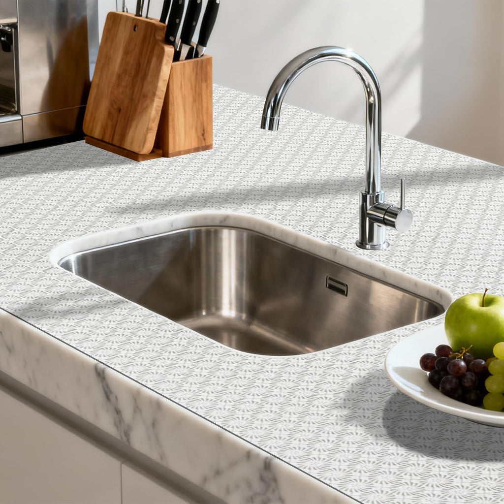 FIFTY FEET 18"x96" Non-Adhesive Shelf Liner for Kitchen Cabinets and Drawers, Washable Non-Slip PVC Cabinet Liner (White Circle)(1 Roll)