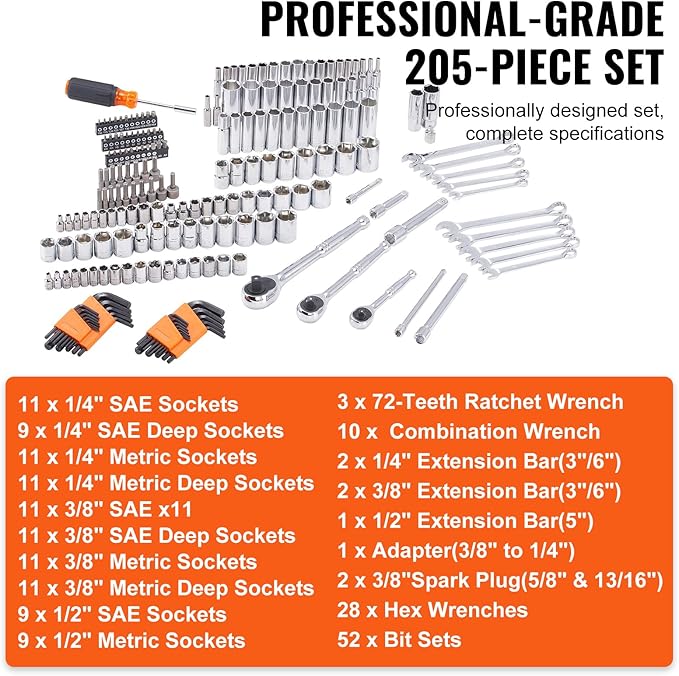 VEVOR Mechanics Tool Set, 1/4" 3/8" 1/2" Drive Deep and Standard Sockets