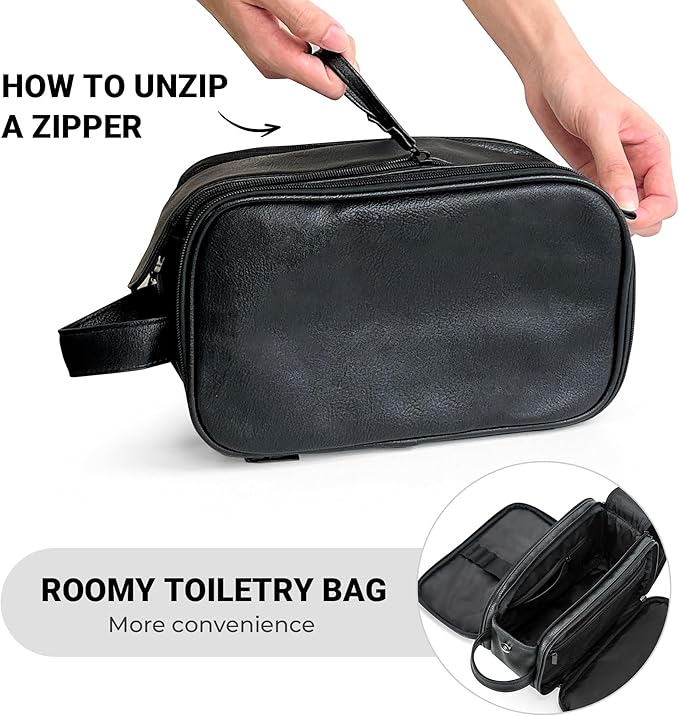 Elviros Toiletry Bag for Men, Large Travel Shaving Dopp Kit Water-resistant Bathroom Toiletries Organizer PU Leather Cosmetic Bags Fathers Day Gift(Medium, Black)