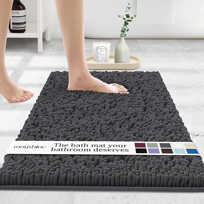 MAYSHINE Plush Shaggy Chenille Bath Mat | Extra Soft, Super Absorbent, Non-Slip Bathroom Rug | Fluffy Microfiber, Area Rug Sets for Bathroom Floor, Kitchen, Living Room | 39"x24" | Charcoal Gray