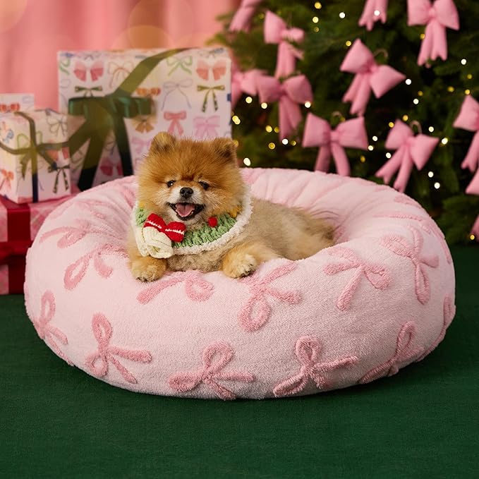 LE SURE Donut Small Dog Bed - Round Cat Beds for Indoor Cats Anti-Anxiety Calming Gift for Pets, Washable Cute Modern Beds with Jacquard Shaggy Plush & Anti Slip Bottom, 23 Inch, Pink Taffy