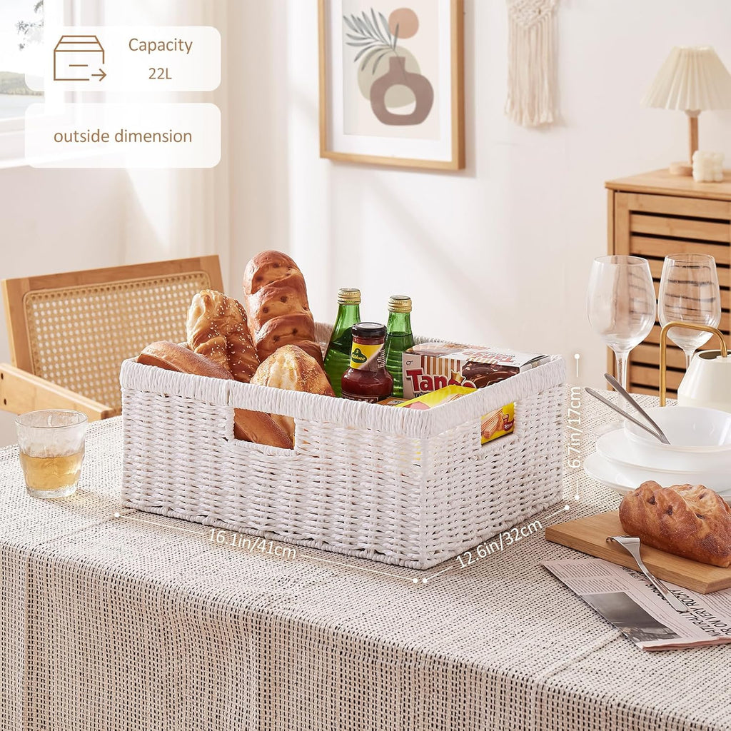 OIAHOMY Wicker Basket, Paper Shelf Basket with Built-in Handles, Rectangular Wicker Storage Bin for Pantry, Shelves, 1 Pack-White