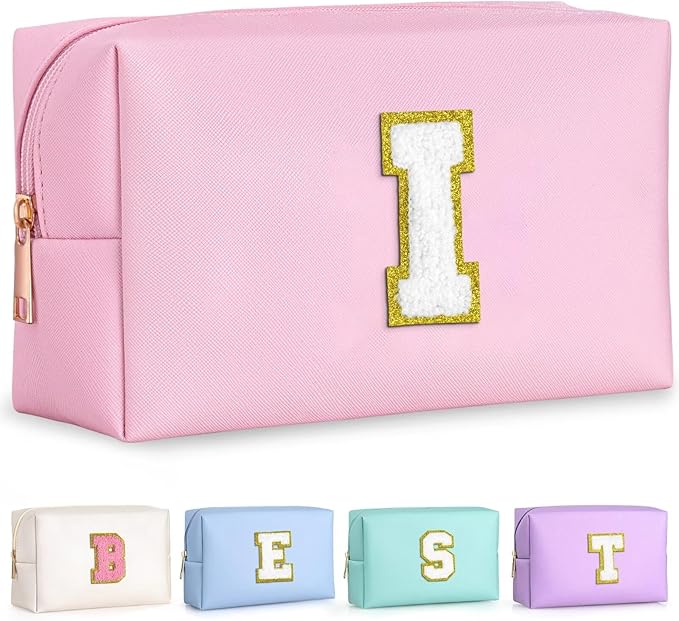 TOPEAST Preppy Makeup Bag, Cute Makeup Pouch PU Leather Waterproof Cosmetic Bag, Personalized Birthday Gifts for Mom Teacher Friends Bridesmaids Nurse, Trendy Stuff for Girls (Pink I)