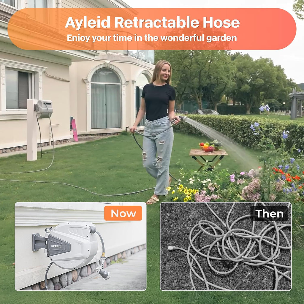 Ayleid Retractable Garden Hose Reel,1/2 in x 100 ft Wall Mounted Hose Reel, with 9- Function Sprayer Nozzle, Any Length Lock/Slow Return System/Wall Mounted/180°Swivel Bracket (Grey)