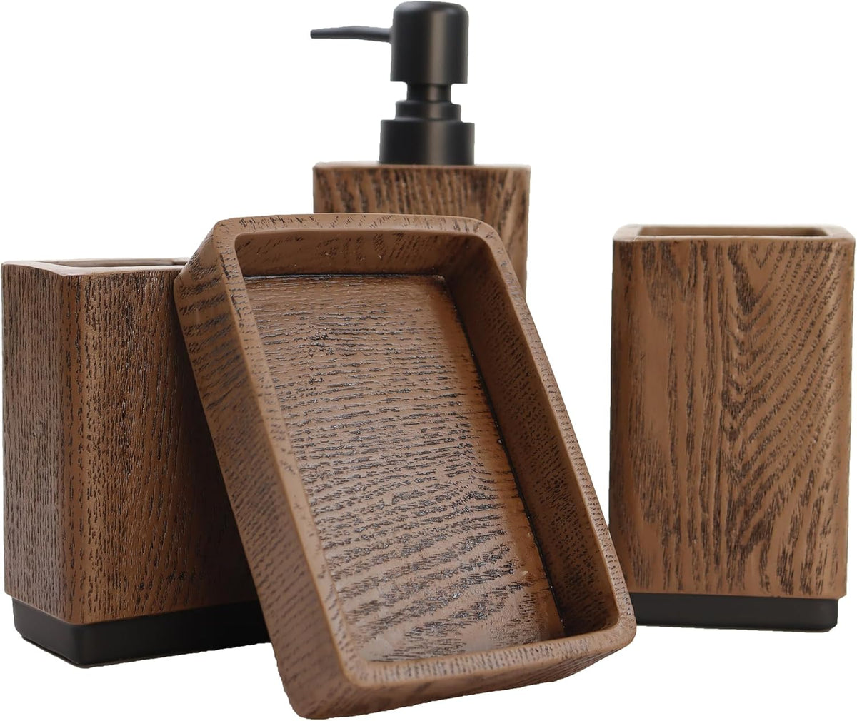 Hymmah Wood Grain Design Bathroom Accessories Set,Farmhouse Bathroom Decor,4 Pcs Resin Gift Set Apartment Necessities, Contain Cotton Swab Jar,Soap Dispenser,Tumbler，Soap Dish/Tray