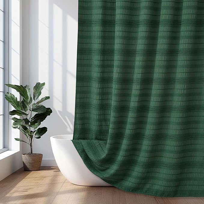 Siiluminisoy Extra Long Dark Green Boho Shower Curtain 72 x84 Cotton Blend Tufted Fabric Waffle Textured Farmhouse Shabby Chic Rustic Minimalist Striped for Bathroom, Hotel