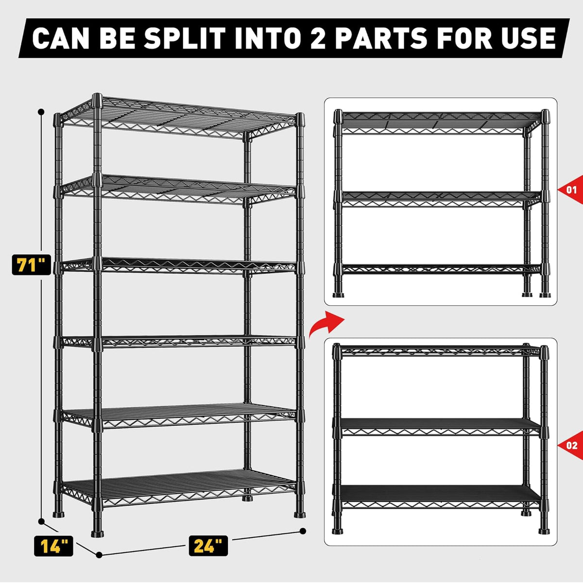 REIBII 6-Tier Storage Shelves Metal Shelving for Storage Load 1000 LBS,Wire Shelves Heavy Duty Shelving Unit Adjustable Pantry Shelf Bathroom Kitchen Garage 24" W x 14" D x 71" H, Black