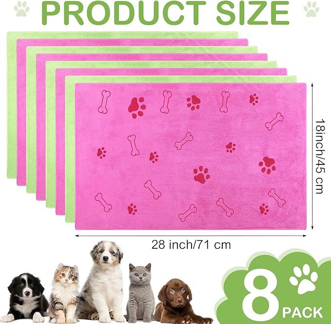 Chumia 8 Pcs Dog Towels for Drying Dogs Cats Pet Towels Bulk Puppy Microfiber Quick Drying Paw Bath Bathing Supplies Absorbent for Medium Pets(Hot Pink,Green,40 x 24 Inch)