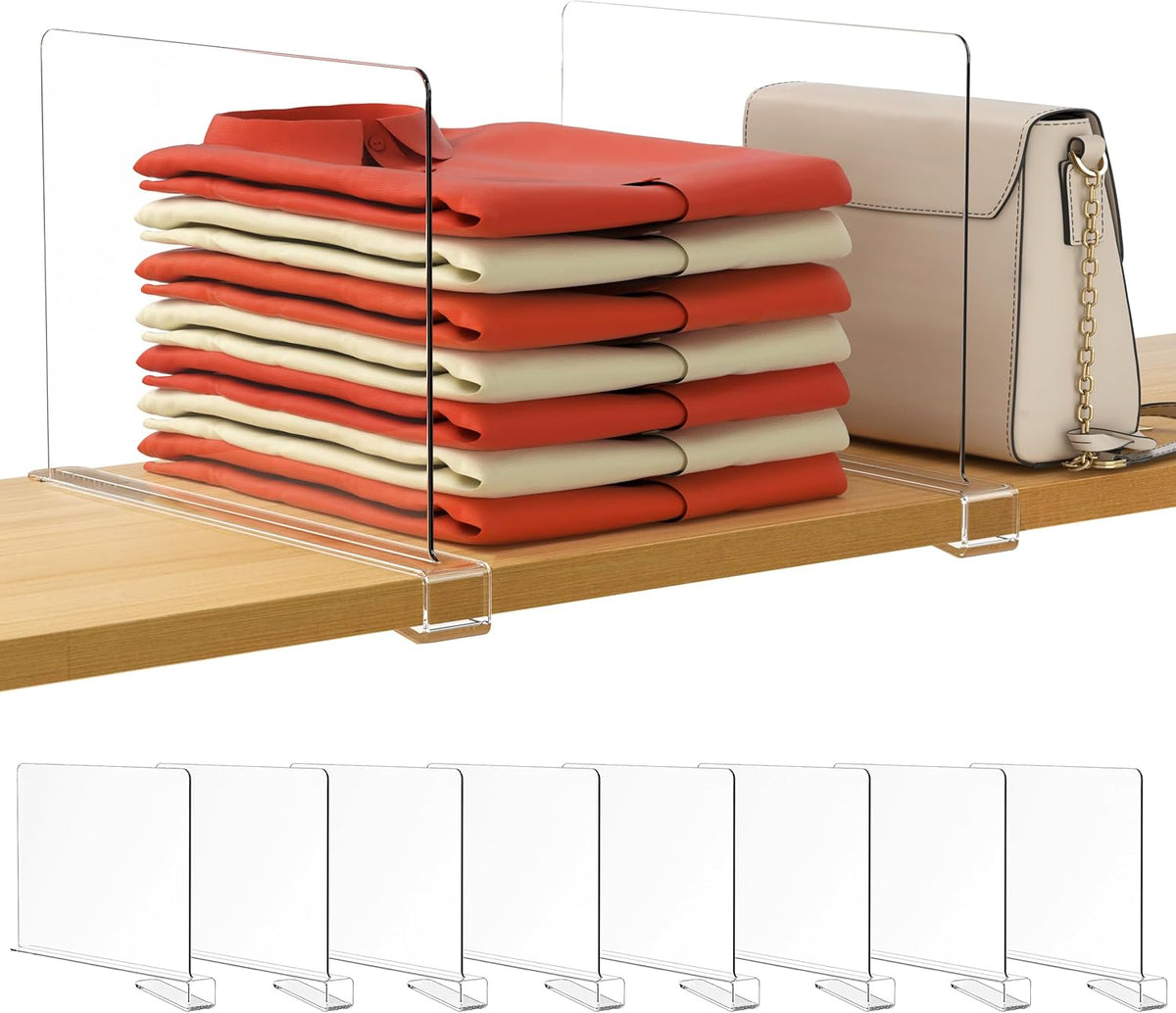 HBlife 8 Pack Clear Shelf Dividers, Vertical Purse Organizer for Closet Perfect for Sweater, Shirts, Handbags in Bedroom and Kitchen, Adjustable Acrylic Bookshelf for Organization