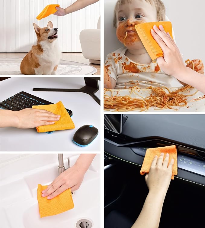 KitchLife Microfiber Cleaning Cloth Roll, 100 Pack - Tear-Away Microfiber Paper Towels, Lint-Free, Reusable, Washable for Kitchen, Car, Dishes, and Sensitive Surfaces (Tangerine Yellow)
