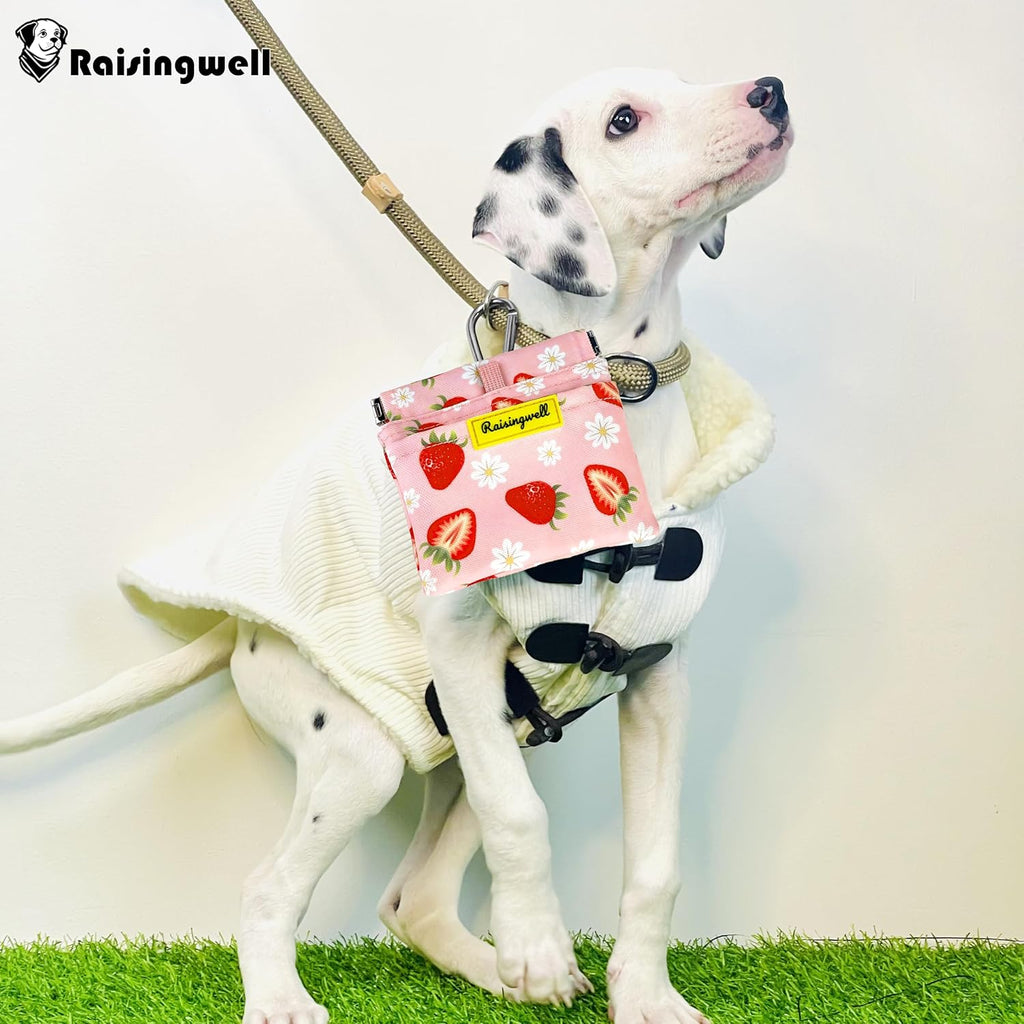Dog Treat Pouch,Cotton Pocket Sized Training Holder, Hand Free Walking Funny Bag with Carabiner, Self-Closing Pet Feed Snack Reward, Behavior Aids for Puppy Travel or Outdoor Use（Strawberry）