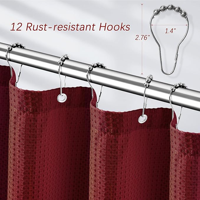 PANGSINNE Long Burgundy Fabric Shower Curtain - Waffle Textured Tall Heavy Duty Cloth Shower Curtains for Bathroom, 256GSM Large Hotel Spa Luxury Bath Curtain Set with 12 Hooks(72Wx78H, Burgundy)