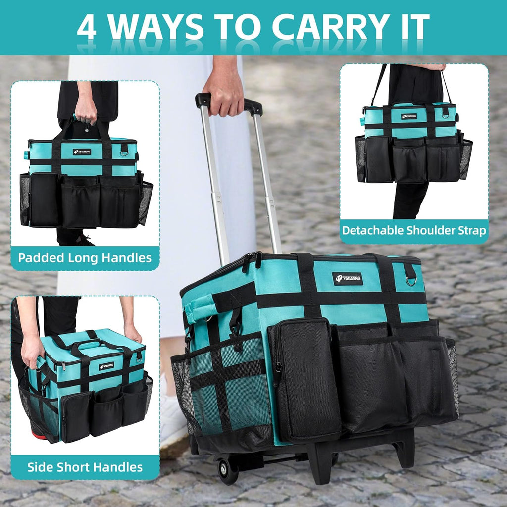 Rolling Cleaning Caddy Bag with Wheels, Large Cleaning Cart Detachable Trolley, Cleaning Bags for Housekeepers With Shoulder Strap & Multi Pockets for Cleaning Tools Storage (Amber Green)