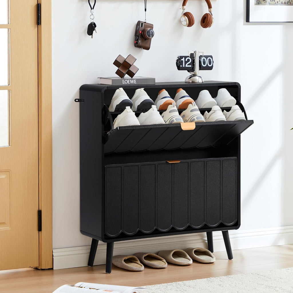 Shoe Storage Cabinet for Entryway with 2 Flip Drawers, Freestanding Narrow Wood Shoe Cabinet with Wave Panel, Hidden Shoe Organizer for Foyer, Hallway (Black)