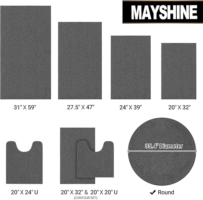 MAYSHINE Round Area Rug Set for Bathroom | Soft Plush Chenille Bath Mat, Water Absorbent Non-Slip Bathroom Rug | Washable Shag Carpet, Bedroom, or Home Décor | 36"x36" (Round) | Charcoal Gray