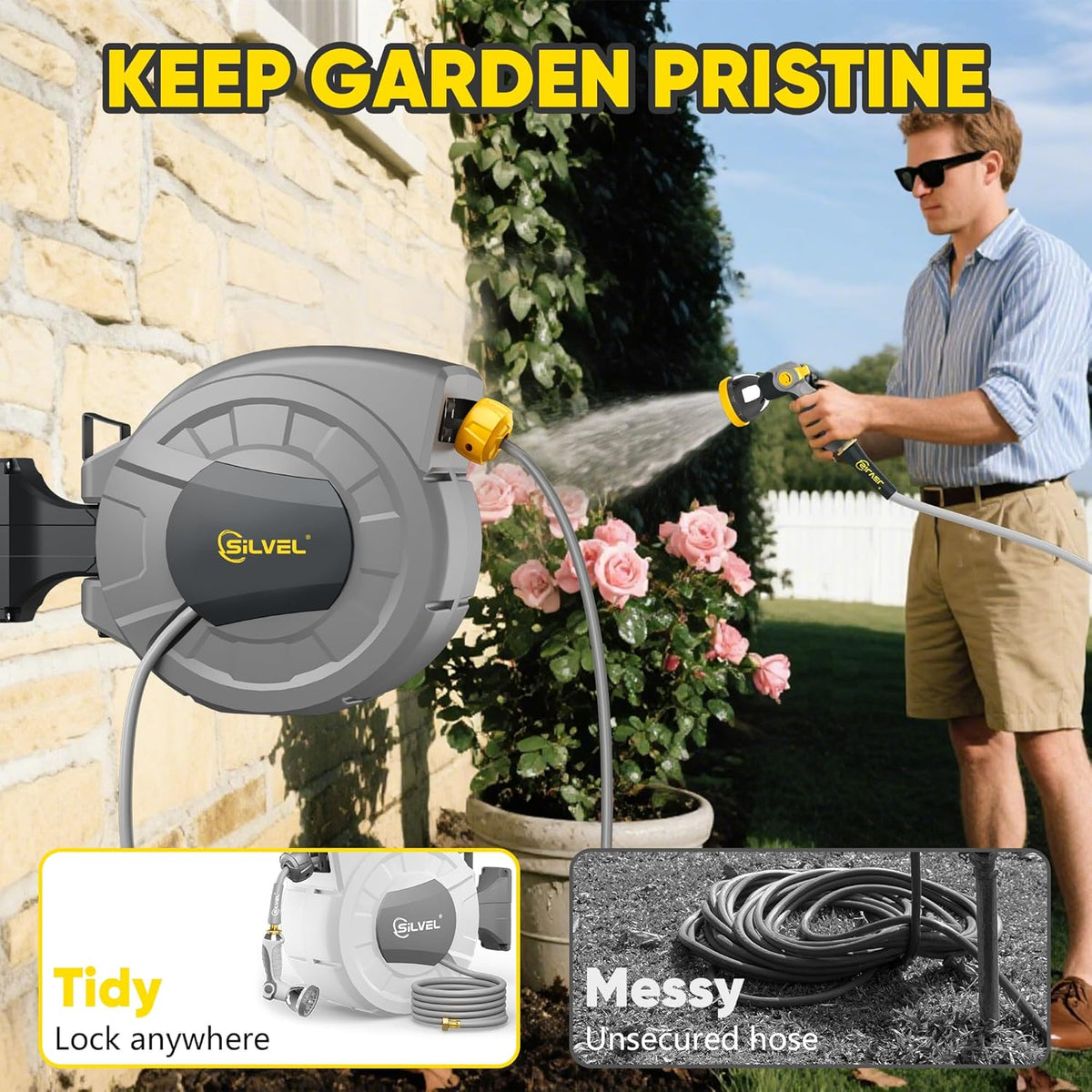 SILVEL 1/2 in x 110 FT Retractable Garden Hose Reel, UV Resistant Heavy Duty Automatic Hose Reel Wall Mount with 10 Pattern Nozzle, Any Length Lock & Slow Return System, 180°Swivel Bracket, Yellow