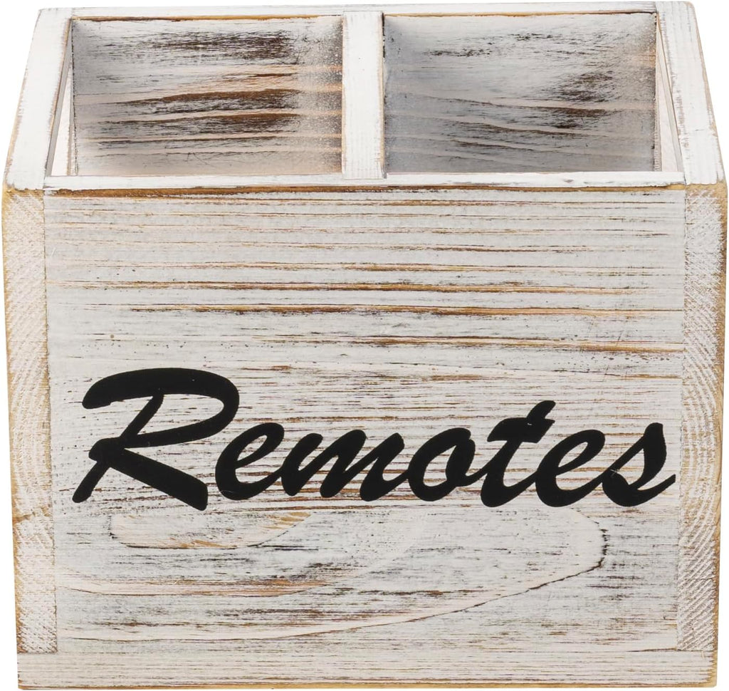 FARM IN Remote Control Holder,TV Remote Holder,Remote Caddy,Solid Wood Remote Control Holder with Cursive Letters Design, Whitewashed Solid Pine Wood with Black Cursive Letters Remotes