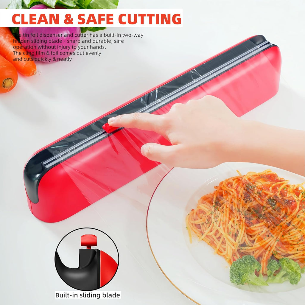 Aluminum Foil & Plastic Wrap Dispenser with Cutter - Easy One-Hand Operation, Space-Saving Kitchen Organizer for Worktops & Cabinets, Magnetic Cling Film Dispenser - Fits 12" Rolls, Red