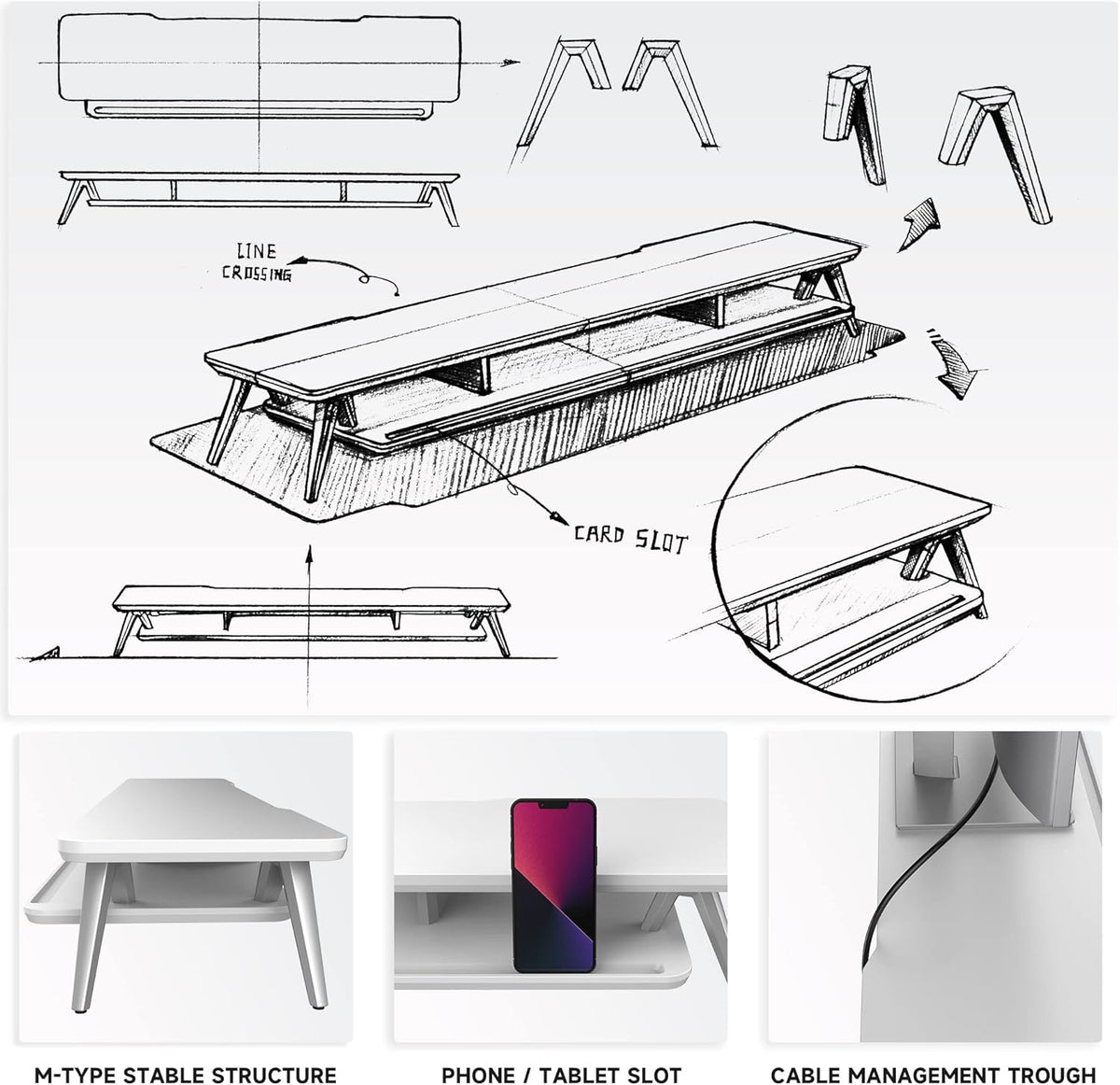 Fenge Dual Monitor Stand, Monitor Stands Riser for 2 monitors, 42.5 Inch Wood Desk Shelf with Storage Organizer and Cable Management for Office Desk Accessories