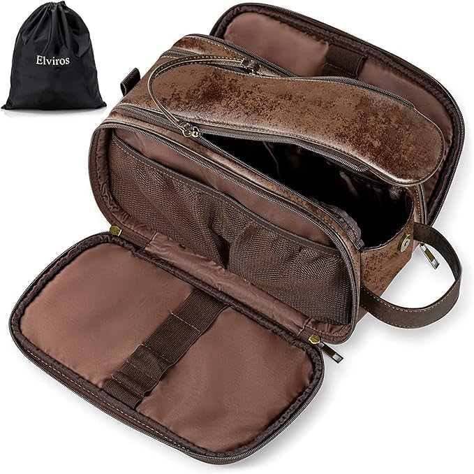 Elviros Toiletry Bag for Men, Large Travel Shaving Dopp Kit Water-resistant Bathroom Toiletries Organizer PU Leather Cosmetic Bags
