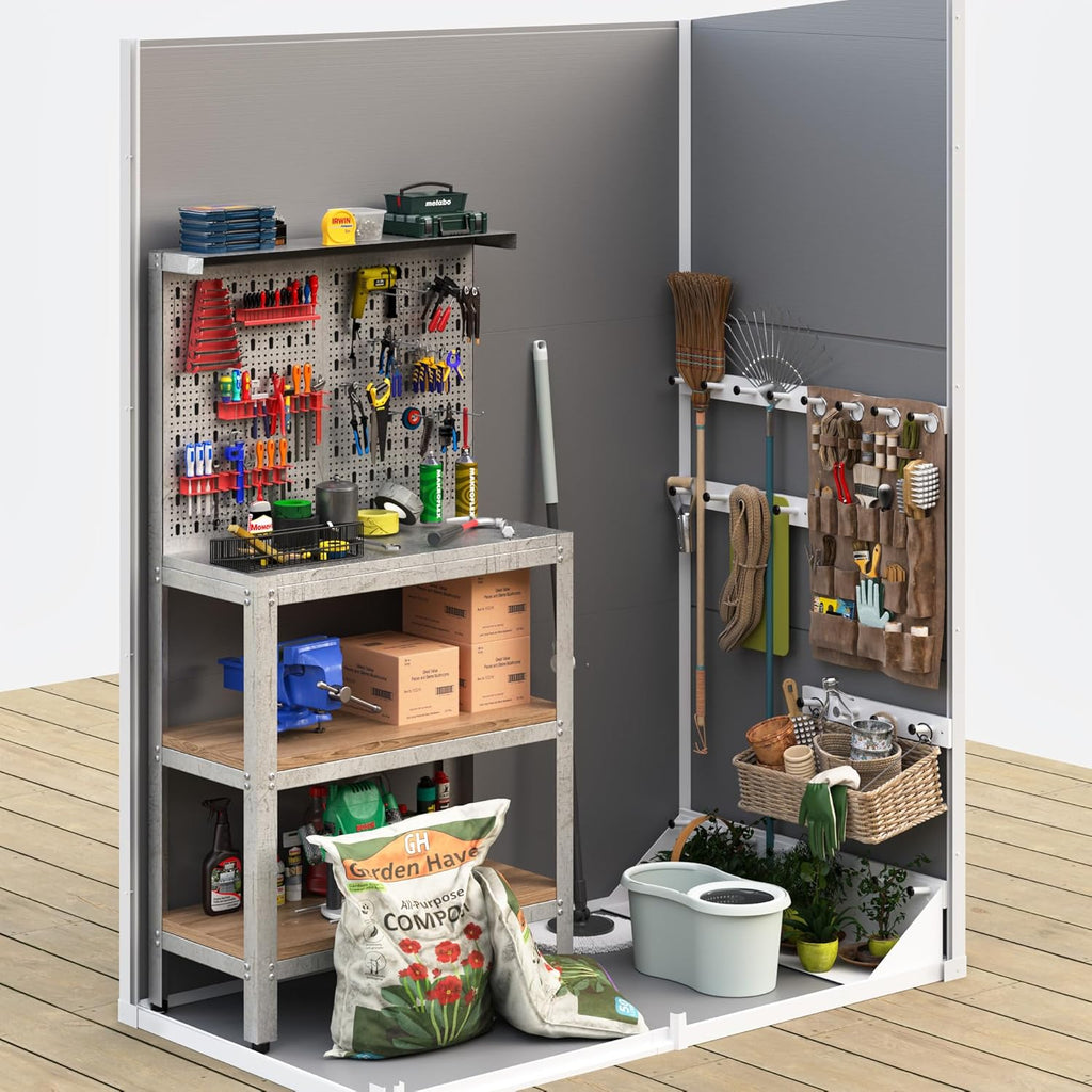 UDPATIO Outdoor Storage Shed 5x3 FT, Plastic Garden Shed for Bike, Garbage Can, Tool, Outside Sheds & Outdoor Resin Shed with Lockable Door for Backyard, Patio, Lawn, Grey & White