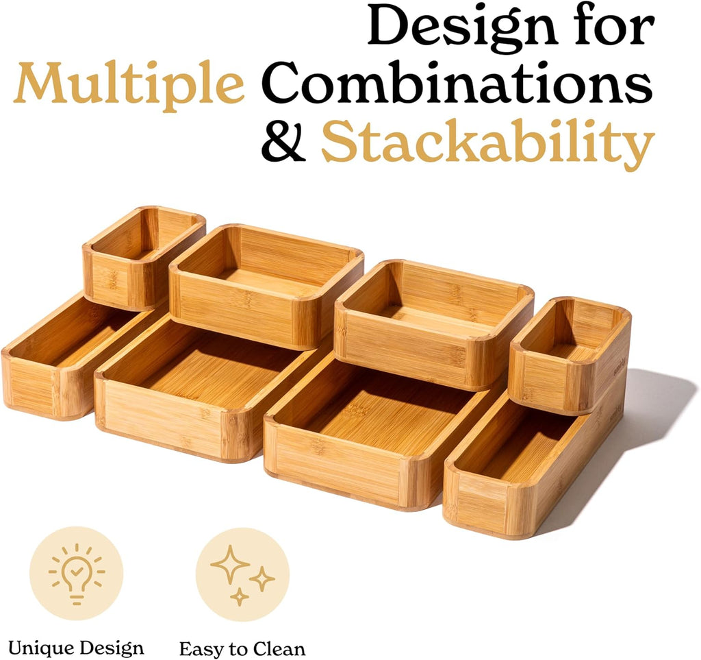 SMIRLY 8-Piece Bamboo Kitchen Drawer Organizer Set for Large and Small Utensils, Multi-use Storage Box - Bathroom, Nightstand, Jewelry, Cutlery, Knife, Spice, Towel, Junk Drawer Tray