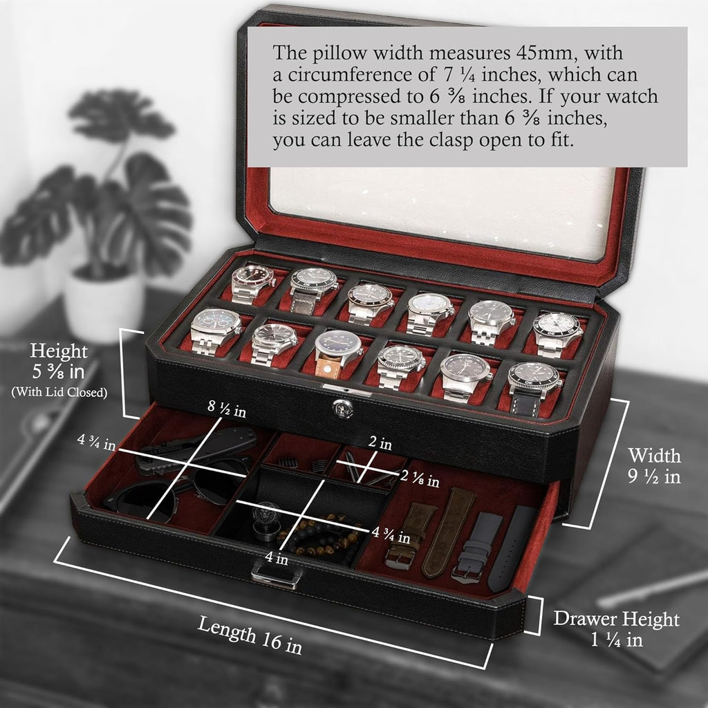 ROTHWELL 12 Slot Leather Watch Box with Valet Drawer - 12 Slot Luxury Watch Case Display Organizer, Microsuede Liner, Mens Accessories Holder, Jewelry Case, Jewelry Display Organizer (Black/Red)