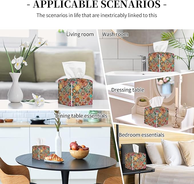 Tissue Box Cover Holder, Vintage Mandala Flowers PU Leather Square Tissue Box Cover Decorative Organizer for Bathroom Kitchen Bedroom Vanity Countertop Night Stands