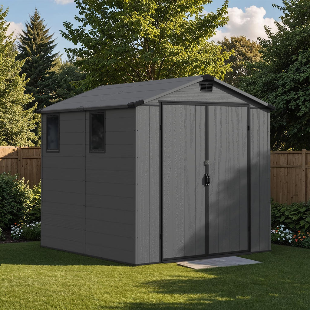 Patiowell 6 x 8 FT Plastic Outdoor Storage Shed with Floor - Weatherproof Resin Tool Shed, Lockable Door & 2 Windows, Easy Assembly for Garden, Backyard, Lawn Equipment (Dark Grey)